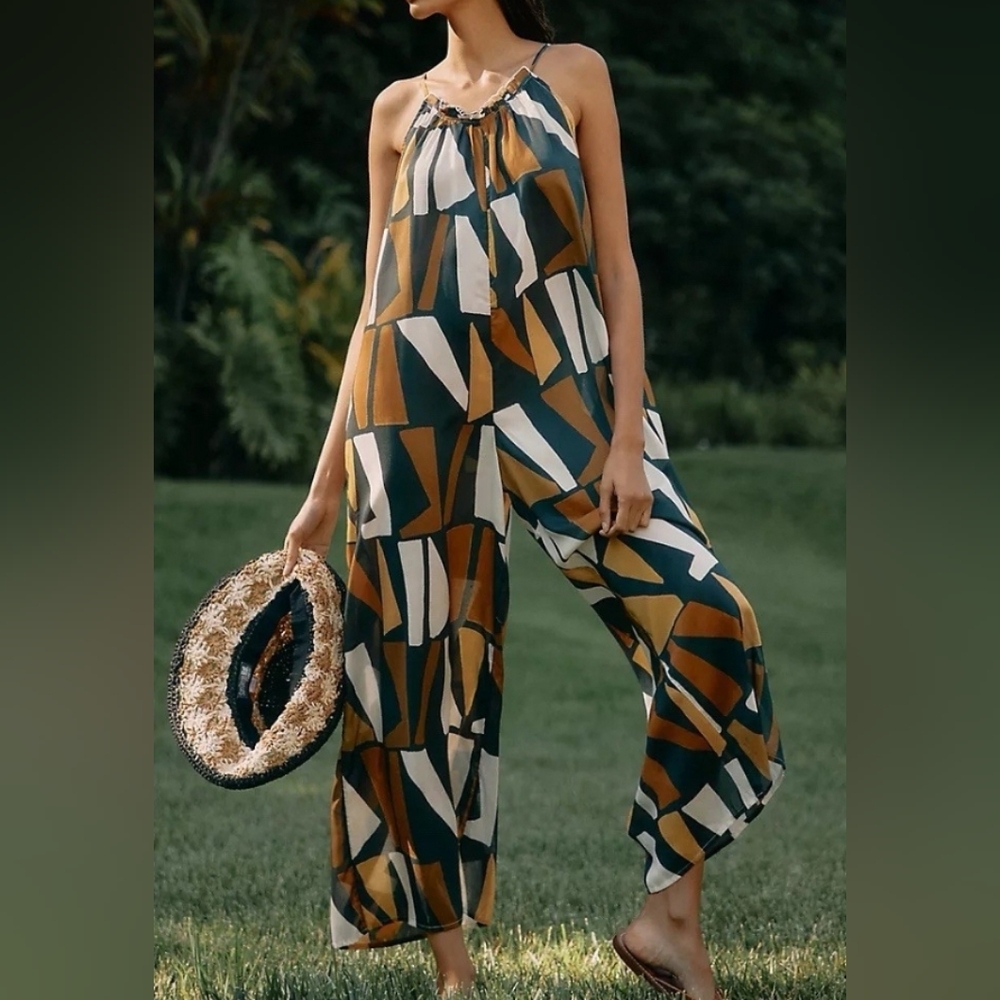 NWOT NEW By Anthropologie 100% Cotton Geometric color block Wide-Leg Jumpsuit XL